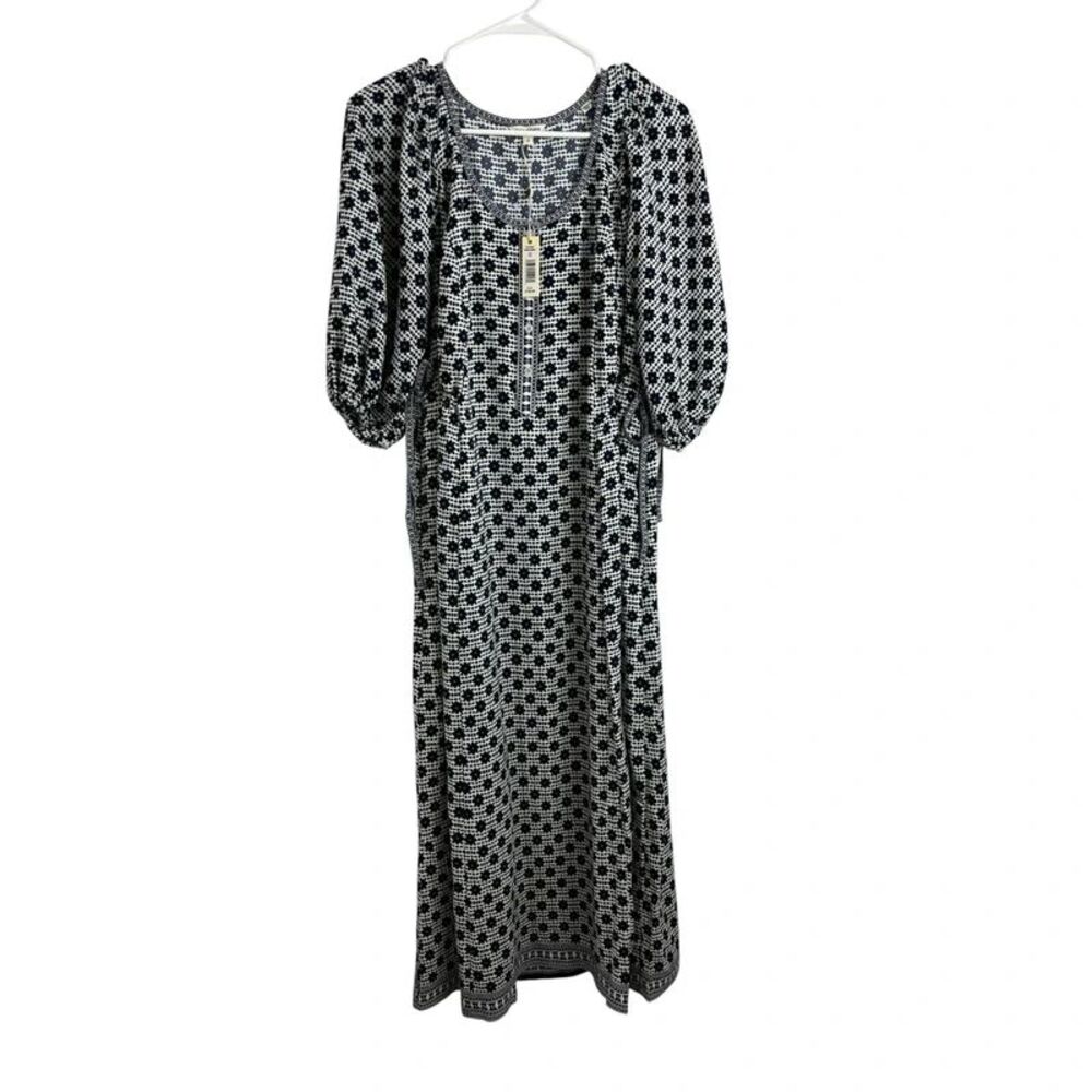 BLUE & White Floral Print Maxi Dress With 3/4 Sleeves Button Detail & Boho Style